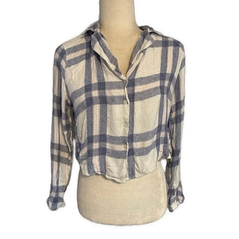 Rails Anthropologie Blue White Pink Plaid Flannel Crop Long Sleeve Top Xs